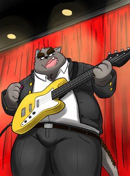 anthro bass_guitar bottomwear bulge clothing cute_fangs fangs guitar humanoid_hands kemono male musical_instrument overweight overweight_anthro overweight_male pants plucked_string_instrument shirt solo string_instrument teeth topwear tubz_thapbear12 wanko_ekaki1212 yuuh1212 canid canine mammal 2020 hi_res