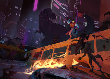 ambiguous_gender anthro apocalypse attack battle burning bus car city clothed clothing commercial_vehicle end_of_the_world fantasy feral fire group hood male motor_vehicle outside post-apocalyptic public_transportation tongue vehicle vehicle_for_hire a1tar avian bovid bovine canid canine canis cattle hybrid mammal monster undead wolf zombie