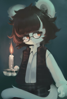 4_fingers anthro bangs brown_clothing brown_topwear brown_vest candle clothed clothing eyewear fingers fire frown fully_clothed fur glasses grey_nose hair kemono looking_at_viewer male night orange_eyes pupils shirt short_hair solo tail topwear vest wax white_body white_clothing white_ears white_fur white_shirt white_tail white_topwear hasukii andy_swiss_(doppolatte) mammal mouse murid murine rodent hi_res