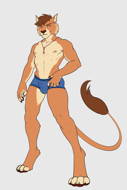 abs anthro biped brown_hair bulge clothed clothing detailed_bulge grey_background hair looking_at_viewer male male_anthro muscular muscular_anthro muscular_male nipples pecs simple_background solo tail tail_tuft tan_body tuft underwear beezlebumawoken conditional_dnp cougar felid feline mammal 2:3 digital_media_(artwork) hi_res