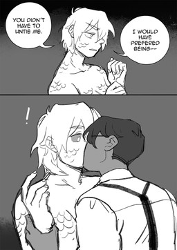 clothed clothing duo exclamation_point female kiss_on_lips male male/female not_furry scales simple_background speech_bubble text starfleetrambo edward_(starfleetrambo) oskar_(starfleetrambo) animal_humanoid human humanoid mammal marine marine_humanoid oarfish_humanoid siren comic digital_media_(artwork) english_text hi_res sketch trans_(lore) trans_man_(lore)