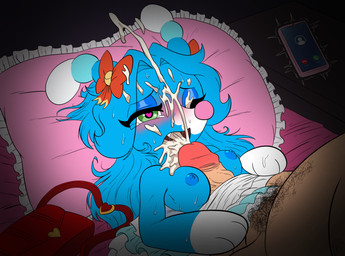 anthro bed blue_body blue_breasts blue_hair blue_nipples blush bodily_fluids breast_play breasts bukkake cellphone chubby_penis cum cum_in_mouth cum_inside cum_on_face duo electronics eyelashes faceless_character faceless_male female furniture genital_fluids genitals glans green_eyes hair heart_eyes heart_symbol male male/female medium_breasts nipples nude nude_anthro nude_female nude_human nude_male offscreen_male penis penis_tip phone pillow pink_nose pink_pillow pubes pupils purse red_bow red_bow_ribbon red_purse ringing_phone sex sex_in_bed smartphone titfuck unusual_pupils vein veiny_penis white_sclera harry_amorós nintendo pokemon harriet_(harry_amoros) brionne generation_7_pokemon human mammal pokemon_(species) 2026 absurd_res digital_media_(artwork) hi_res