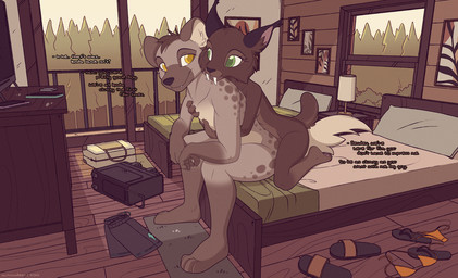 4_fingers 4_toes anthro barefoot bed bed_covers bedding biped breasts brown_body brown_fur brown_spots brown_tail butt casual_nudity countershade_fur countershade_torso countershading day dialogue duo electronics fangs feet female female_anthro fingers fur furniture green_eyes hair hug hugging_another hugging_from_behind indoor_nudity inner_ear_fluff inside kneeling male male_anthro markings nude nude_anthro nude_female nude_male on_bed pawpads paws pillow plant plantigrade romantic romantic_couple short_hair sitting sitting_on_bed sky smile spots spotted_body spotted_fur tail teeth television text three-quarter_view toes tree tuft window yellow_eyes autumndeer sabertooth_cat_(autumndeer) felid hyena mammal prehistoric_species saber-toothed_tiger 2025 cel_shading digital_drawing_(artwork) digital_media_(artwork) english_text shaded