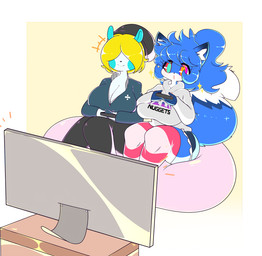 anthro big_breasts blonde_hair blue_body blue_fur blue_hair blue_tail bottomwear breasts butt cleavage clothed clothing controller crossbar_emanata cyan_pupils duo electronics emanata female footwear fur green_eyes hair heterochromia hoodie hotpants legwear multicolored_body multicolored_eyes multicolored_fur orange_pupils pattern_clothing pattern_legwear pink_eyes pupils purple_eyes red_eyes shorts socks striped_clothing striped_legwear stripes tail television thick_thighs topwear two_tone_eyes white_body white_fur white_tail yellow_eyes nimonichi lazuli_(doggod.va) canid canine fox mammal 2019 character_request