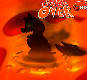 anthro bottomless burning butt butt_on_fire charred cigar clothed clothing cowboy_hat death fire game_over gameplay_mechanics gloves gui hand_on_butt handwear hat headgear headwear health_bar kerchief lava male male_death pain raised_tail solo tail topwear vest namemeana kings_of_hell gremile_'hotshot' demon imp absurd_res digital_media_(artwork) hi_res