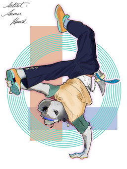 abstract_background anthro bottomwear breakdancing claws clothing dancing ear_piercing eyebrow_piercing facial_piercing footwear fur grey_body grey_fur hair looking_at_viewer male navel piercing shoes solo tail topwear upside_down anmuhunid arknights hypergryph studio_montagne spot_(arknights) hyena mammal spotted_hyena 2026 hi_res