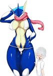 anthro big_breasts biped blue_body blush breasts clothed clothing curvy_figure duo female front_view hand_on_hip hourglass_figure male nipple_outline red_eyes simple_background skimpy tan_body thick_thighs white_background wide_hips my700 nintendo pokemon generation_6_pokemon greninja human mammal pokemon_(species) scalie absurd_res hi_res