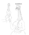 anthro book bottomwear cardigan clothing eyewear female glasses hair hair_bun lanyard lanyard_between_breasts librarian skirt discodemon ms.lopordalis_(discodemon) giraffe giraffid mammal absurd_res hi_res monochrome sketch