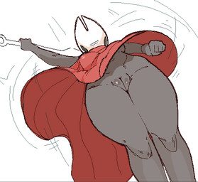 2_horns biped breasts cloak clothing empty_eyes female fingers genitals holding_melee_weapon holding_object holding_weapon horn low-angle_view melee_weapon motion_lines non-mammal_breasts non-mammal_vulva red_cloak red_clothing simple_background solo vulva weapon white_background partb_(artist) hollow_knight_(franchise) team_cherry hornet_(hollow_knight) arachnid arthropod spider 2026
