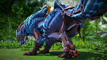 ambiguous_gender armor big_butt blue_body blue_scales butt claws clothed clothed_feral clothing detailed_background fangs featureless_crotch feet feral flower foot_focus grass headgear looking_at_viewer looking_back looking_back_at_viewer open_mouth outside pawpads paws plant presenting presenting_hindquarters pubic_boot raised_leg raised_tail red_claws red_fangs saddle scales solo straps suggestive suggestive_pose tail teeth thick_thighs toe_claws tree unconvincing_armor yellow_eyes ivorylagiacrus capcom monster_hunter monster_hunter_stories monster_hunter_stories_3:_twisted_reflection fanged_wyvern lunagaron scalie 16:9 2026 3d_(artwork) 4k absurd_res blender_(artwork) blender_cycles_(artwork) digital_media_(artwork) hi_res widescreen female_(lore)