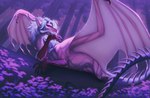 blue_hair female feral hair horn looking_at_viewer membrane_(anatomy) membranous_wings pink_body pink_scales purple_horn scales solo wings wia mythology hakkerman_(character) dragon mythological_creature mythological_scalie scalie hi_res