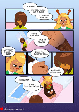ambiguous_gender ambiguous_human anthro antlers black_eyes blonde_hair brown_antlers brown_body brown_fur brown_hair buckteeth cartoon_freckles clothed clothing detailed_background dialogue duo eyelashes female female_anthro freckled_face freckles fur furniture hair hair_over_eyes horn inside long_eyelashes looking_at_another sitting snowgrave sofa speech_bubble talking_to_another teeth text yellow_body yellow_skin mrdarknessart1 deltarune undertale_(series) kris_dreemurr noelle_holiday deer human mammal new_world_deer 2025 absurd_res artist_name comic digital_drawing_(artwork) digital_media_(artwork) english_text hi_res