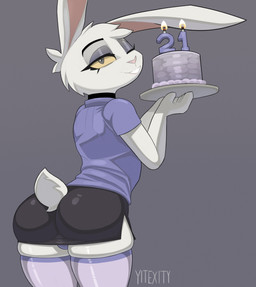 absolute_territory anthro biped birthday birthday_cake bottomwear bulge butt cake candle cheek_tuft choker clothed clothing crossdressing dessert facial_tuft femboy food footwear fur furgonomics grey_background grey_eyes head_tuft holding_object jewelry legwear looking_at_viewer looking_back male necklace one_eye_closed pink_nose rear_view scut_tail shirt short_tail simple_background skirt smile socks solo tail tail_clothing thick_thighs thigh_highs thigh_socks topwear tuft underwear white_body white_fur wink yellow_sclera yitexity texi_(yitexity) lagomorph leporid mammal rabbit 2022 hi_res signature