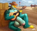 2023 3_toes 5_fingers acoustic_guitar anthro balls biceps big_balls big_muscles big_penis blue_body blue_penis blue_scales claws clothing cloud collared_lizard common_collared_lizard cowboy_hat day deltoids detailed_background digital_drawing_(artwork) digital_media_(artwork) dirt_road eyes_closed feet fence fingers flaccid foreskin genitals glans green_eyes guitar hat hat_only hay hay_bale haydenskull headgear headgear_only headwear headwear_only hi_res huge_balls huge_penis humanoid_genitalia humanoid_penis hyper hyper_balls hyper_genitalia hyper_penis lizard male markings monroe_lehner mostly_nude muscular muscular_anthro muscular_arms muscular_male musical_instrument non-mammal_balls outside overcast partially_retracted_foreskin pecs penis pink_glans playing_guitar playing_music plucked_string_instrument reptile road road_sign rock scales scalie signature sitting sitting_on_ground sky solo spots spotted_body spotted_scales string_instrument striped_body striped_scales stripes thick_penis toe_claws toes tongue tongue_out vein veiny_penis yellow_body yellow_scales