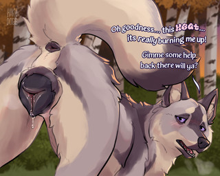 animal_genitalia animal_vulva anus aroused bedroom_eyes black_anus black_body black_fur black_vulva blush blush_lines blushing_profusely bodily_fluids butt canine_genitalia canine_vulva claws darkened_genitalia darkened_vulva detailed_background dialogue dripping dripping_vulva dripping_wet female female_feral feral forest fur genital_fluids genitals grass grey_body grey_fur in_heat leaking looking_at_viewer looking_back looking_back_at_viewer looking_pleasured narrowed_eyes open_mouth outside paws plant plump_labia presenting presenting_hindquarters presenting_vulva puckered_anus purple_eyes pussy_juice_leaking quadruped raised_tail rear_view requesting rock seductive sex_request solo tail tail_anus tail_aside talking_feral talking_to_another talking_to_partner talking_to_viewer text toe_claws tree vaginal_fluid_drip vaginal_fluid_string vaginal_fluids vaginal_fluids_on_vulva vulva hakudoge azaylea canid canine canis mammal wolf 5:4 english_text hi_res