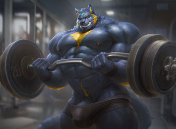 abs anthro arm_hair barazoku barbell beard biceps big_bulge big_muscles big_penis blurred_background body_hair bulge chest_hair clenched_teeth clothed clothing detailed_bulge exercise eyebrows facial_hair fur genital_outline genitals gym hair happy_trail huge_muscles humanoid_genitalia humanoid_penis inside looking_at_viewer male muscular muscular_anthro muscular_male navel nipples number obliques one_eye_closed pecs penis penis_base penis_outline pubes solo standing teeth thick_thighs topless topless_anthro topless_male tuft underwear vein veiny_muscles weightlifting workout wristband 6suan canid canine canis mammal wolf 2022 hi_res
