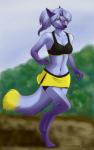 4_toes anthro barefoot biped black_nose bra breasts clothed clothing digitigrade feet female fur hair midriff navel purple_body purple_fur purple_hair solo sports_bra standing toes underwear yellow_eyes silvermoonfox canid canine mammal hi_res