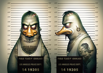 anthro bandage beak beard chart clothing ear_piercing facial_hair frown gang height_chart imperial_unit jail_placard jewelry male mugshot multiple_angles necklace number piercing placard prison prisoner scowl shirt sign solo tattoo text text_on_body text_tattoo topwear unit steffen_winkler anatid anseriform avian bird duck english_text