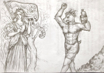 abs alcohol alcohol_bottle angry anthro beverage beverage_bottle bottle bottomwear clothing container duo eyebrows female flag flag_(object) grass hair hill horn jewelry looking_at_another male male/female muscular muscular_anthro muscular_male navel necklace nipples plant skirt tail text tree reynard_goodfellow human mammal