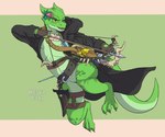 action_pose ambiguous_gender anthro archer arrow_(weapon) belt bow_(weapon) claws clothing dagger digitigrade drawing_bowstring fighting_pose fingerless_gloves flower_on_head front_view gloves gold_ring green_background green_body green_claws green_scales handwear holding_bow_(weapon) holding_object holding_ranged_weapon holding_weapon horn melee_weapon midair open_mouth overcoat pose ranged_weapon rogue rolled_up_sleeves scabbard scales sharp_teeth sheathed_dagger shoulder_bag simple_background solo sword tail teeth thigh_strap weapon yellow_sclera biskierisky meral_fleetfoot kobold scalie 2022 absurd_res full-length_portrait hi_res portrait female_(lore)