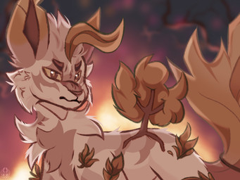 feral fur grey_body grey_fur grumpy leaf male plant solo sunset tree airymiller nintendo pokemon eeveelution felid feline generation_4_pokemon leafeon mammal pokemon_(species) half-length_portrait hi_res portrait