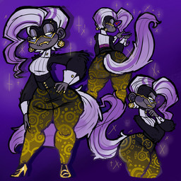 anthro big_butt black_body black_fur bottom_heavy bottomwear butt clothed clothing colored_nails cuffs_(clothing) ear_piercing eyelashes eyewear fangs female front_view fur glasses gold_shoes grey_body grey_clothing grey_fur grey_topwear hair hand_on_hip lipstick looking_at_viewer looking_back looking_back_at_viewer makeup nails pants pattern_bottomwear pattern_clothing pattern_pants piercing purple_background purple_hair purple_tail rear_view side_view simple_background solo tail teeth thick_thighs topwear wide_hips yellow_eyes yellow_lipstick yellow_nails doofsickle donkey_kong_(series) donkey_kong_bananza nintendo poppy_kong haplorhine kong mammal monkey primate 1:1 hi_res