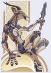 4_fingers abstract_background antelope anthro antlers areola blue_eyes bovid breasts conditional_dnp detailed female fingers gazelle hi_res holding_melee_weapon holding_object holding_weapon hooves horn loupgarou machine mammal melee_weapon nipples nude robot robot_anthro sitting solo weapon
