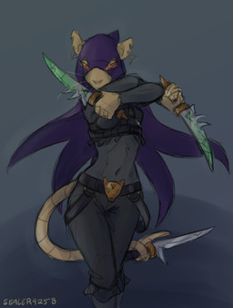 anthro black_body black_fur dagger dual_wielding ear_piercing female fur holding_object holding_weapon hood looking_at_viewer melee_weapon midriff notched_ear piercing red_eyes simple_background solo tail_holding_object weapon sealer4258 warhammer_(franchise) warhammer_fantasy tueetch_ambersnout mammal murid murine rat rodent skaven hi_res shaded
