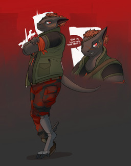 abstract_background anthro armband black_body boots bottomwear building camo camo_bottomwear camo_clothing camo_pants camo_print claws clothed clothing crossed_arms cybernetic_leg cybernetic_limb dialogue digitigrade eye_patch eyewear facial_scar female footwear gradient_background grey_background hair hair_bun missing_eye pants pattern_bottomwear pattern_clothing pattern_pants red_background red_eyes sash scar shirt shoes simple_background slightly_chubby slightly_chubby_female solo speech_bubble standing t-shirt tail tapering_tail text topwear vest skalamari project_silverfish mamma_roach_(project_silverfish) inheritor lizard reptile scalie 2026 english_text hi_res signature