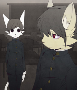anthro biped black_hair clothing duo empty_eyes fur hair male red_eyes school_uniform slim_anthro slim_male uniform white_body white_fur yellow_body yellow_fur oouyuki_benten 2011 absurd_res hi_res