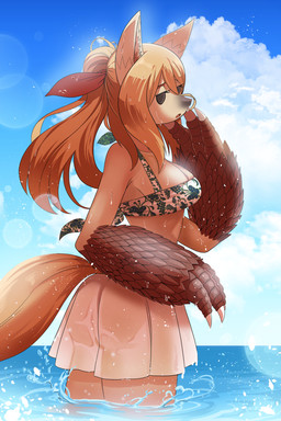 3_fingers anthro arms_bent bangs bikini bikini_skirt bikini_top biped blonde_hair blue_sky bottomwear breasts brown_body brown_scales claws cleavage clothed clothed_anthro clothed_female clothing cloud day detailed_background empty_eyes eyebrows eyelashes female female_anthro finger_claws fingers hair half-closed_eyes inner_ear_fluff lens_flare narrowed_eyes open_mouth outside partially_submerged pointy_ears ponytail prick_ears scales side_view simple_eyes skirt sky snout solo standing standing_in_water swimwear tail tan_body thick_thighs translucent translucent_bottomwear translucent_clothing translucent_skirt tuft two-piece_swimsuit water wet wet_clothing wide_hips wjdghrhrh159 pandemonium_wizard_village domika canid canine fox hybrid mammal 2021 digital_media_(artwork) hi_res portrait shaded soft_shading three-quarter_portrait