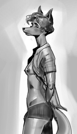 anthro biped breasts bulge clothed clothing collared_shirt dress_shirt gynomorph hands_behind_back intersex open_clothing open_shirt open_topwear shirt side_eye side_eye_at_viewer side_view slim_anthro small_breasts solo standing topwear underwear purplebirdman laurie_(purplebirdman) canid canine fox mammal 2026 colored detailed digital_drawing_(artwork) digital_media_(artwork) hi_res monochrome portrait shaded sketch three-quarter_portrait male_(lore)