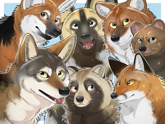 ambiguous_gender facial_markings feral fur group head_markings looking_at_viewer markings muzzle_(marking) open_mouth orange_body orange_fur tongue whiskers yellow_eyes miyuwo african_painted_dog bush_dog canid canine canis dhole fox mammal maned_wolf raccoon_dog red_fox tanuki true_fox wolf 4:3 hi_res
