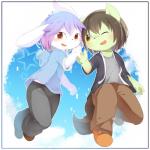 anthro blush brown_eyes clothed clothing duo fur green_body green_fur hand_holding kemono male one_eye_closed open_mouth smile star white_body white_fur wink yellow_eyes young young_anthro aoino canid canine lagomorph leporid mammal rabbit 1:1 hi_res