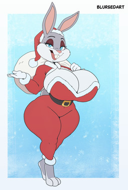 anthro belt christmas_clothing christmas_headwear clothing costume crossgender curvy_figure eyeshadow female hat headgear headwear holidays hourglass_figure makeup mtf_crossgender nipple_outline santa_bag santa_costume santa_hat snowflake solo thick_thighs wide_hips winter blursedart christmas looney_tunes warner_brothers bugs_bunny lagomorph leporid mammal rabbit hi_res