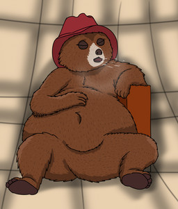 anthro belly big_belly black_eyelids black_pawpads bodily_fluids breath brown_body brown_fur burping clothing fur hat headgear headwear lying male male_anthro navel obese obese_anthro obese_male on_back overweight overweight_anthro overweight_male pawpads saliva suitcase white_body white_fur bauchie conditional_dnp paddington_and_company_limited paddington_bear bear brown_bear grizzly_bear mammal short-faced_bear ursine hi_res