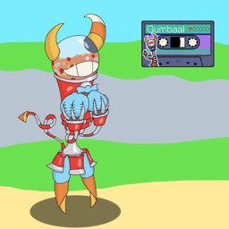 bow_tie breasts candy candy_corn_horns cassette_tape dessert female food gumball_machine holding_breast simple_background smile solo tail text chaoskres cassette_beasts gumbaal humanoid 1:1