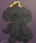 abs animal_genitalia anthro balls biceps big_balls big_biceps big_muscles big_pecs biped black_body black_fur black_nipples blonde_hair bulge digitigrade eyes_closed flexing fur genitals hair huge_balls huge_muscles huge_pecs hyper hyper_balls hyper_genitalia long_hair male muscular muscular_anthro muscular_arms muscular_male nipples nude open_mouth pecs pose quads raised_head sheath smile smirk solo tail juano springfield canid canine canis fox hybrid mammal wolf 2022 hi_res