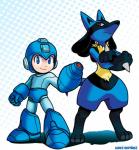 3_fingers 5_fingers ambiguous_gender anthro arm_cannon armor blue_eyes digitigrade dotted_background duo fingers headgear helmet looking_at_viewer machine male pattern_background ranged_weapon red_eyes semi-anthro simple_background spikes weapon waniramirez capcom mega_man_(series) megaman_(classic) nintendo pokemon mega_man_(character) canid canine generation_4_pokemon lucario mammal pokemon_(species) robot crossover