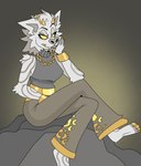 4_toes 6_horns anthro arm_support arm_tuft arms_bent belt bent_legs black_eyebrows bottomwear bracelet breasts brown_bottomwear brown_clothing brown_pants chain_necklace cheek_tuft clothed clothed_anthro clothed_female clothing crossed_legs elbow_tuft eyebrows eyelashes facial_piercing facial_tuft fangs feet female female_anthro fully_clothed fully_clothed_anthro fully_clothed_female fur gold_(metal) gold_belt gold_bracelet gold_jewelry gradient_background grey_clothing grey_inner_ear grey_lips grey_markings grey_nose grey_sweater grey_topwear hair half-closed_eyes horn jewelry leaning_on_elbow light lip_piercing lip_ring lips markings medium_hair multi_horn multicolored_body multicolored_fur multicolored_hair narrowed_eyes necklace on_rock pants piercing ring_piercing rock simple_background sitting sitting_on_rock smile solo sweater teeth toes topwear tuft two_tone_body two_tone_fur two_tone_hair white_body white_fur white_hair yellow_eyes yellow_horn yellow_teeth beastofeuthanasia akrasia canid canine canine_demon demon mammal 2023 colored digital_drawing_(artwork) digital_media_(artwork) english_description hi_res lighting shaded signature
