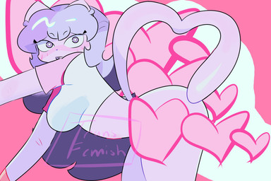 anthro blep blush breasts cat_tail clothed clothing crop_top female fur gesture hair heart_symbol holidays leaning leaning_forward long_hair looking_at_viewer multicolored_hair pink_body pink_fur purple_eyes purple_hair shirt simple_background solo tail tail_gesture tail_heart tongue tongue_out topwear two_tone_hair sashley transfemish valentine's_day ash_(sashley) felid feline mammal 3:2 digital_media_(artwork) hi_res watermark
