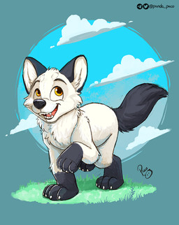 ambiguous_feral ambiguous_gender black_ears black_markings black_nose black_tail blue_sky cheek_tuft cloud facial_tuft fangs feral fur glistening glistening_eyes grass leg_markings logo markings neck_tuft open_mouth open_smile orange_eyes plant quadruped red_tongue sky smile socks_(marking) solo tail teeth tongue tuft white_body white_fur pandapaco canid canine mammal artist_logo signature