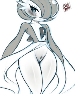 blush eyelashes female flat_chested genitals not_furry simple_background solo vulva white_background saltyxodium nintendo pokemon gardevoir generation_3_pokemon pokemon_(species) 4:5 hi_res signature source_request