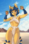 5_fingers anthro blue_hair bob_cut bottomwear breasts claws clothing curvy_figure desert egyptian female fingerpads fingers hair headgear headwear loincloth markings outside pawpads paws pose solo striped_markings striped_tail stripes tail tail_markings under_boob voluptuous wide_hips yellow_body bearbeer animal_crossing nintendo ankha_(animal_crossing) domestic_cat felid feline felis mammal 2023 2:3 absurd_res colored digital_drawing_(artwork) digital_media_(artwork) hi_res pinup