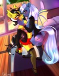 anthro bottomwear breasts clothed clothing duo female female/female furgonomics legwear lingerie nipples romantic romantic_couple skirt stockings tail tail_through_skirt topless caliluminos hasbro my_little_pony echo_melody zedwin bat equid equine horse hybrid mammal pony absurd_res hi_res