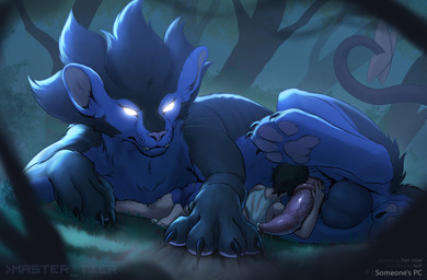 4_toes ambiguous_gender ambiguous_on_feral balls bestiality black_hair blue_body blue_fur claws clothed clothed_ambiguous clothed_human clothing digitigrade duo erection feet feral finger_claws forest fur genitals grass grey_body grey_fur hair human_on_feral interspecies larger_feral larger_male male male/ambiguous male_on_human night outside penis plant size_difference smaller_ambiguous smaller_human teeth toe_claws toes tree dark_violet nintendo pokemon someone's_pc generation_4_pokemon human luxray mammal pokemon_(species) 2025 digital_media_(artwork) hi_res shaded