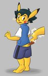 anthro biped black_hair black_nose brown_eyes butt clothed clothing dipstick_ears ear_markings electricity fur grey_background hair looking_back male multicolored_ears open_mouth red_cheeks simple_background solo species_transformation transformation yellow_body yellow_fur mr-haitch nintendo pokemon ash_ketchum ashchu pokemon_trainer generation_1_pokemon pikachu pokemon_(species) 2021 digital_drawing_(artwork) digital_media_(artwork)