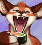 anthro bodily_fluids fangs fluffy food green_eyes happy makizushi male mouth_shot open_mouth rice saliva saliva_on_tongue seaweed solo sushi teeth throat tongue uvula whiskers acidic sol_(luvdiz) dipodid jerboa mammal rodent 2018 hi_res male_(lore)