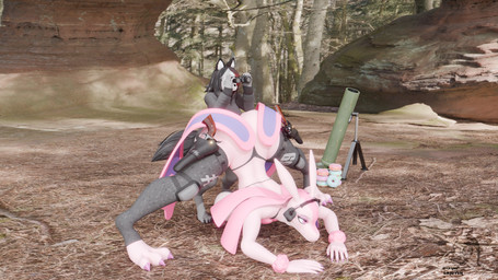 anthro arm_tuft ass_up big_breasts binoculars black_clothing black_sweater black_tail black_topwear bone bottomwear boulder breasts chest_tuft clothed clothing dark_hair dessert detailed_background doughnut duo ears_up electronics female food forest forest_background fur glowing glowing_eyes grey_body grey_fur gun gun_holster headphones holding_object huge_breasts jack-o'_pose knee_pads mortar nature nature_background outside pastry pink_body pink_eyes plant pose ranged_weapon realistic rock side_boob skimpy skull skull_head sling_bra standing sweater tail three-quarter_view topwear tree tuft weapon wrist_tuft bishopenjoyer mastermanki7777_(modeler) zoidrawzaton_(modeler) palworld pocketpair scp_foundation mal0 scp-1471-a scp-1471-a_(mal0vent) lovander mal0_(species) pal_(species) skulldog_(species) 16:9 2026 3d_(artwork) 4k absurd_res blender_(artwork) blender_cycles_(artwork) digital_media_(artwork) hi_res watermark widescreen