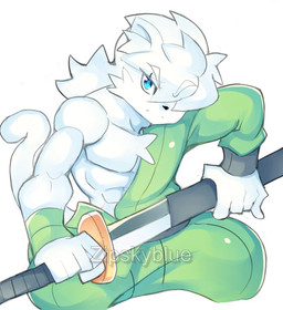 anthro clothing fur green_clothing holding_object holding_weapon male melee_weapon solo sword weapon white_body white_fur zipskyblue akira_(zipskyblue) felid feline mammal hi_res
